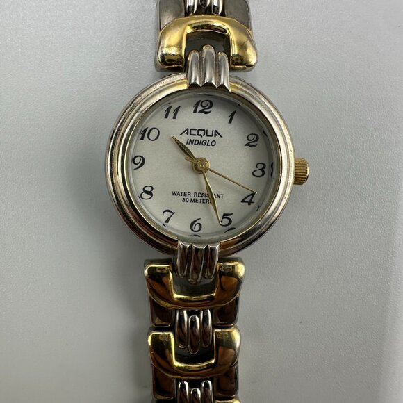 3/$30 Acqua Watch Women Silver Gold Two Tone White Dial Indiglo 7 Inch - Picture 1 of 15